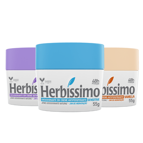 Kit Desodorante Creme Antitranspirante Herbíssimo 55G Lavanda, Sensitive e Vanilla - 3 unidades