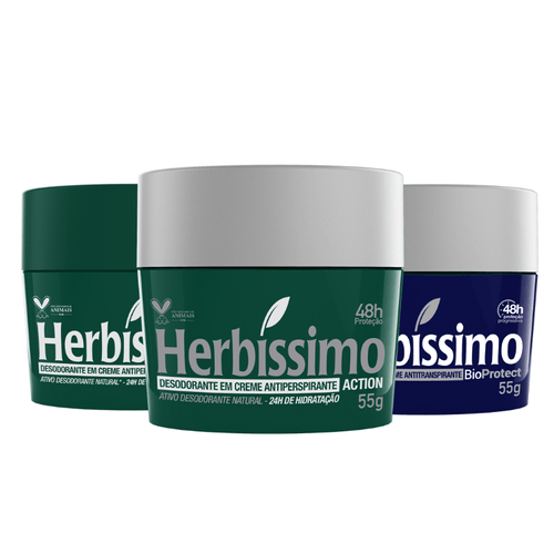 Kit Desodorante Creme Antitranspirante Herbíssimo 55G Tradicional, Action e Cedro - 3 unidades
