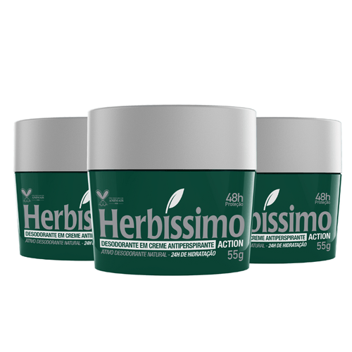 Kit Desodorante Creme Antitranspirante Action Herbíssimo 55G - 3 unidades