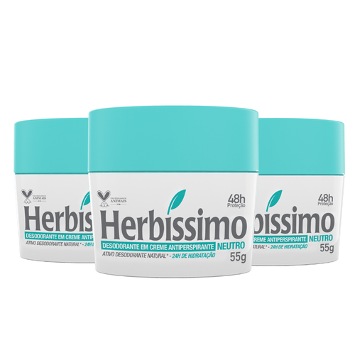 Kit Desodorante Creme Antitranspirante Neutro Herbíssimo 55G - 3 unidades