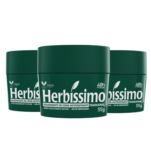 Kit Desodorante Creme Antitranspirante Tradicional Herbíssimo 55G - 3 unidades