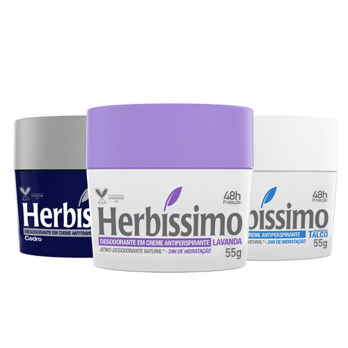Kit Desodorante Creme Antitranspirante Talco, Lavanda e Cedro Herbíssimo 55G - 3 unidades
