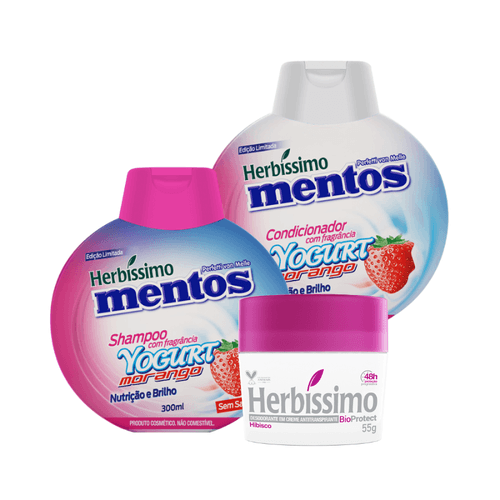 Kit Herbíssimo Mentos Shampoo e Condicionador Yogurt Morango + Desodorante Herbíssimo Hibisco 55G