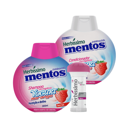 Kit Herbíssimo Mentos Shampoo e Condicionador Yogurt Morango + Desodorante Herbíssimo Twist Hibisco 45G