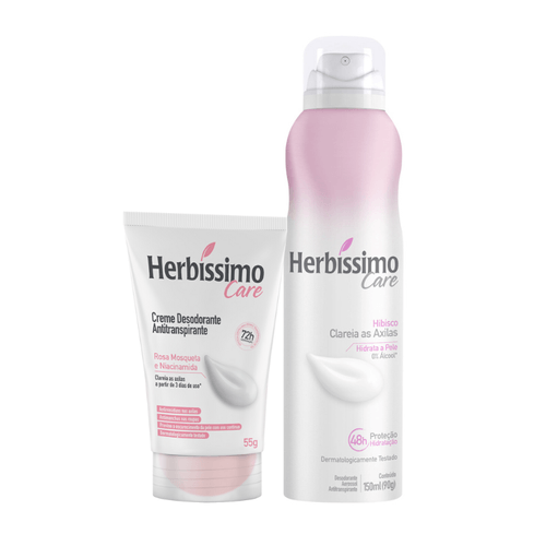 Kit Creme Desodorante Antitranspirante Rosa Mosqueta e Niacinamida Bisnaga 55g + Desodorante Aerossol Antitranspirante Herbíssimo Care Hibisco
