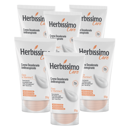 Kit Creme Desodorante Antitranspirante Herbíssimo Care Coco e Vitamina C Bisnaga 55g - 6 unidades