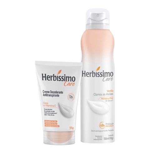 Kit Creme Desodorante Antitranspirante Coco e Vitamina C Bisnaga 55g + Desodorante Aerossol Antitranspirante Herbíssimo Care Vanilla