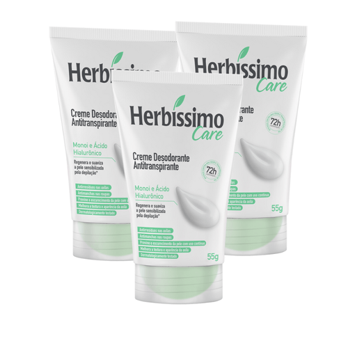 Kit Creme Desodorante Antitranspirante Herbíssimo Care Monoi e Acido Hialuronico Bisnaga 55g - 3 unidades