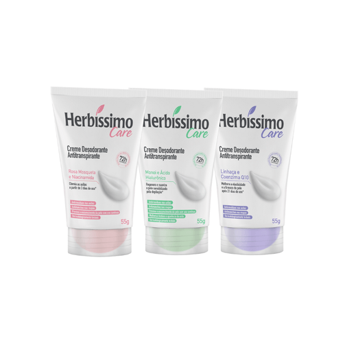 Kit Creme Desodorante Antitranspirante Herbíssimo Care Rosa Mosqueta + Monoi + Linhaça Bisnaga 55g