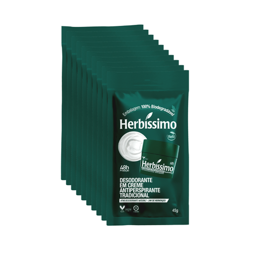 Kit c/ 10 Sachê Refil Desodorante Creme Antitranspirante Tradicional Herbissimo 45G - 10 unidades