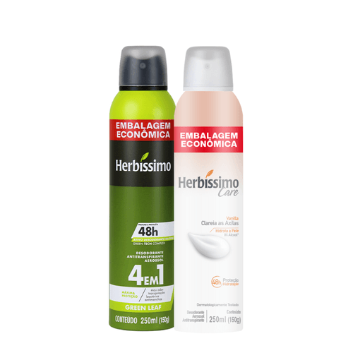 Kit Desodorante Aerossol Antitranspirante Herbíssimo Green Leaf e Care Vanilla 250Ml