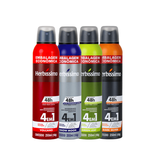 Kit Desodorante Aerosol Antitranspirante Herbíssimo Snow Moon + Green Leaf + Volcano + Dark Silver 250Ml