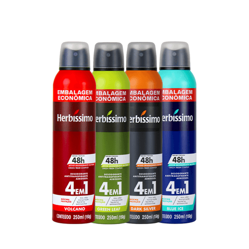 Kit Desodorante Aerosol Antitranspirante Herbíssimo Blue Ice + Green Leaf + Volcano + Dark Silver 250Ml