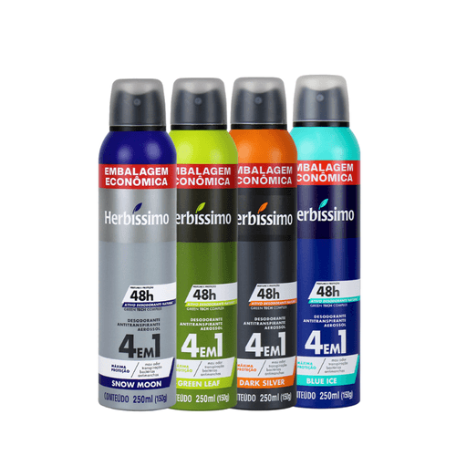 Kit Desodorante Aerosol Antitranspirante Herbíssimo Blue Ice + Snow Moon + Green Leaf + Dark Silver 250Ml