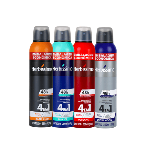 Kit Desodorante Aerosol Antitranspirante Herbíssimo Blue Ice + Snow Moon + Volcano + Dark Silver 250Ml