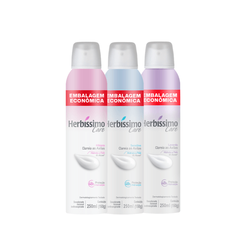 Kit Desodorante Aerossol Antitranspirante Herbíssimo Care Hibisco + Sensitive + Lavanda 250Ml